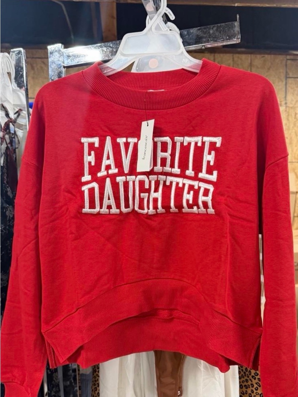 Francesca's Collections Red "Favorite Daughter" Cropped Sweatshirt